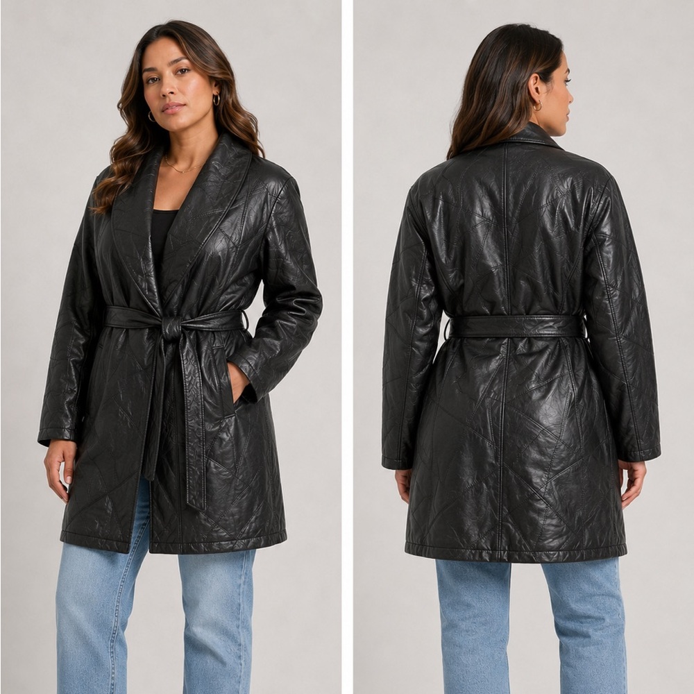 Women’s Black Italian mosaic Quilted Lamb Leather Belted Jacket‎ XL